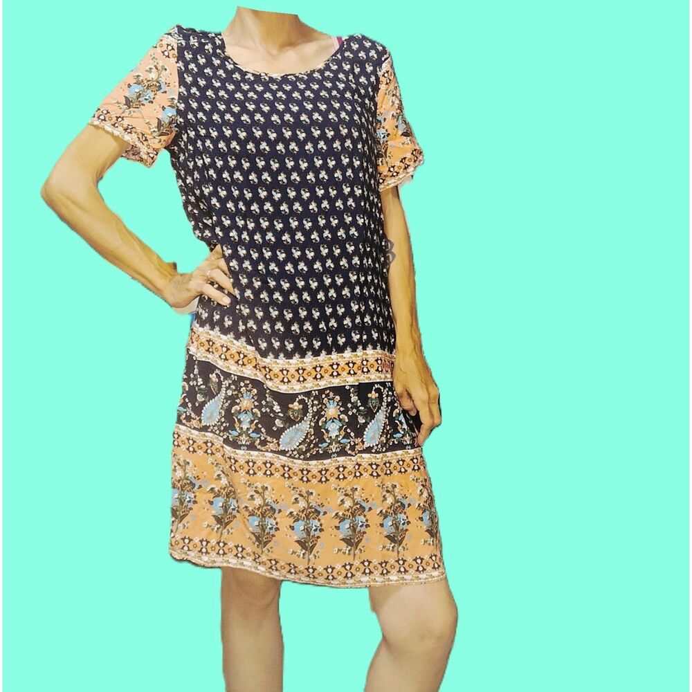 Shein Blue & Salmon Pink Paisley Floral Mini Dress Size XL | Viscose Boho